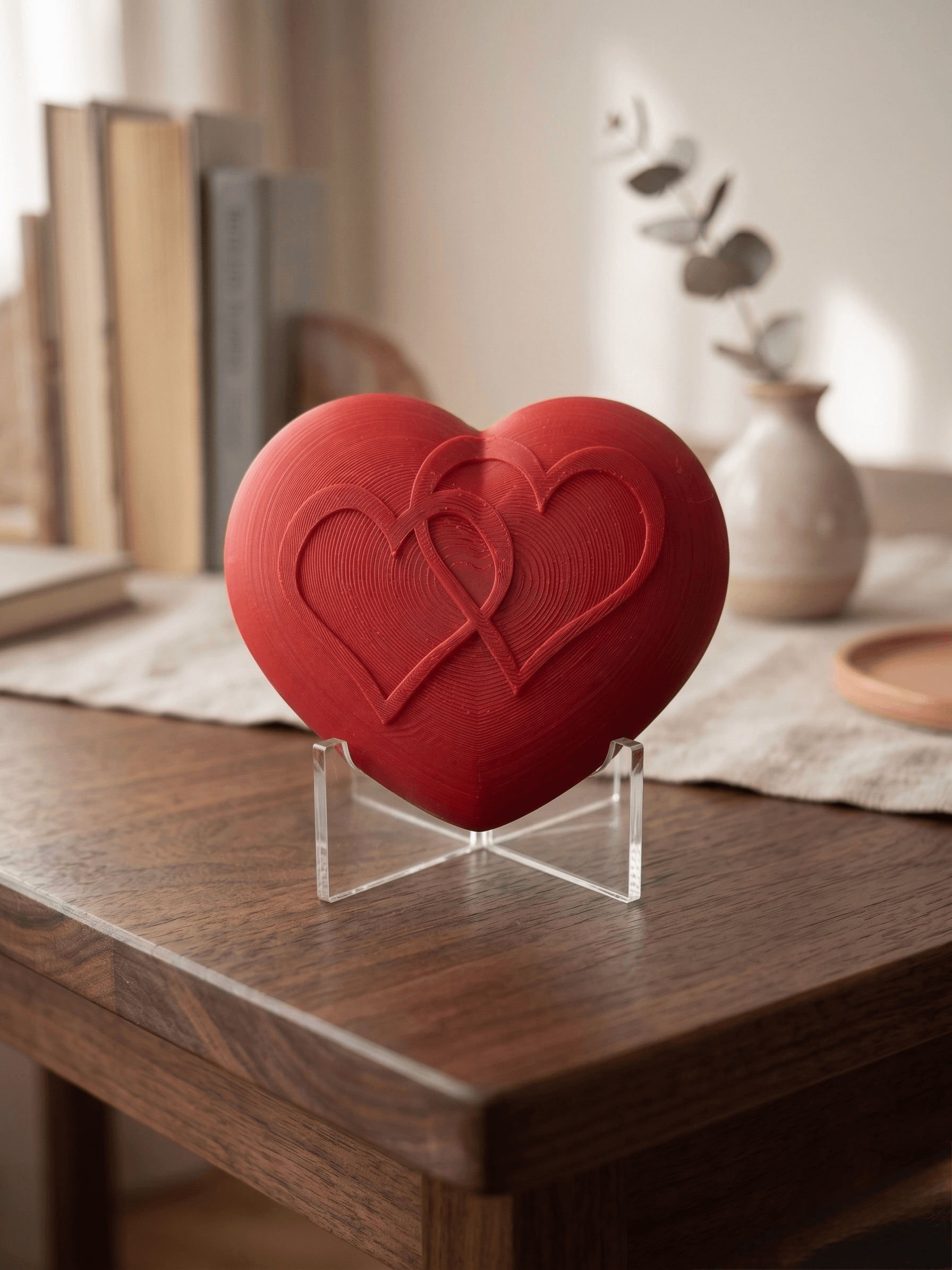A red heart urn resting on the acrylic display stand on a table